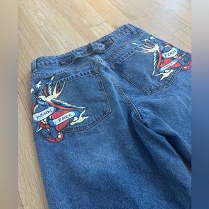 Ed Hardy Y2K Buckle Back Denim Jeans Size 30 Wide Leg Baggy JNCO Born Free